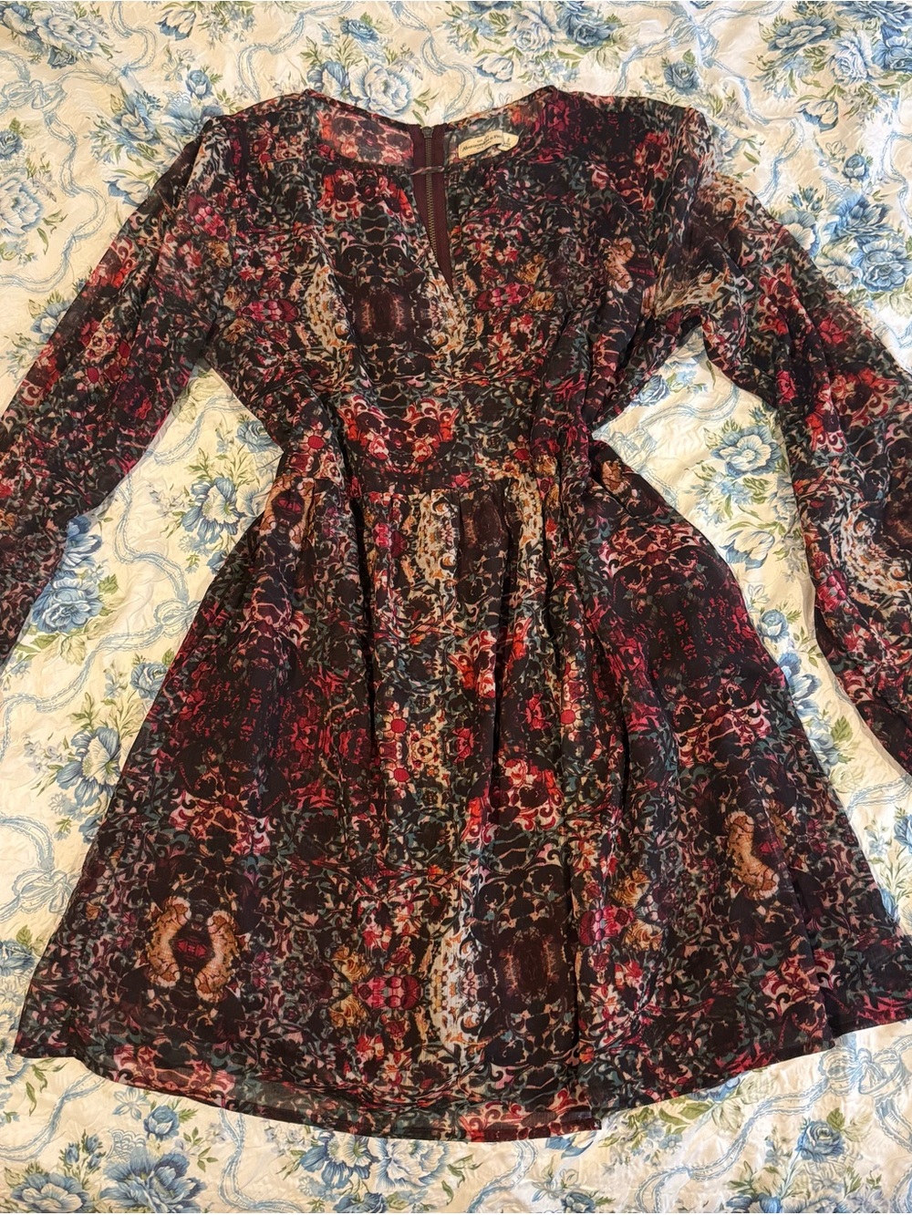 Abercrombie & Fitch Burgundy Floral Long-Sleeve Fit & Flare Dress